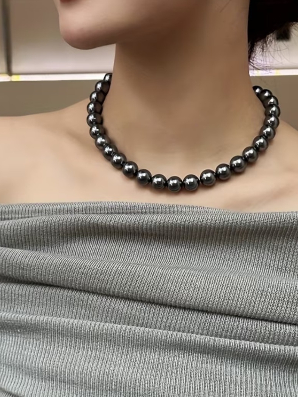 Gray Pearl Choker Necklace with White Rhodium Pave Clasp - Picture 2 of 4